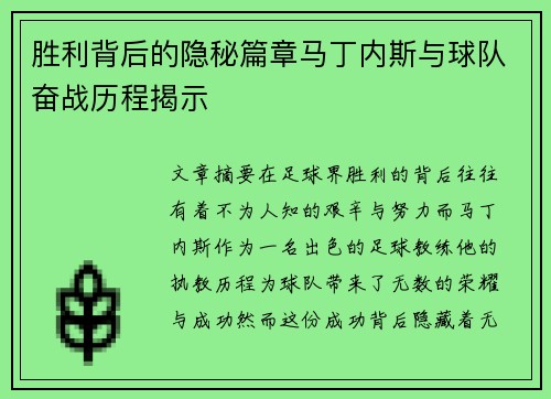 胜利背后的隐秘篇章马丁内斯与球队奋战历程揭示