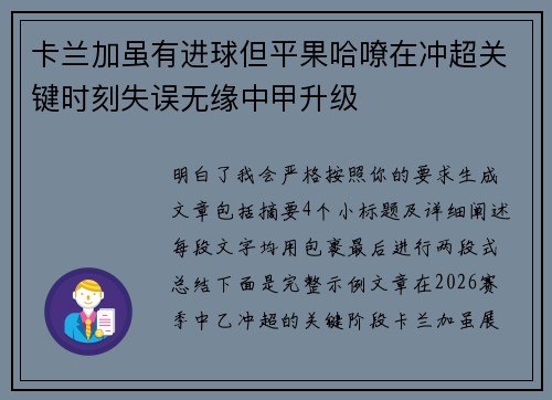 卡兰加虽有进球但平果哈嘹在冲超关键时刻失误无缘中甲升级
